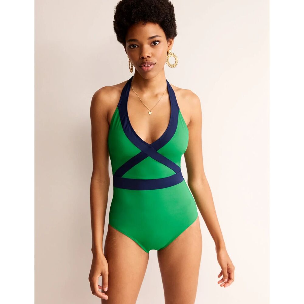 Womens Boden Kefalonia Halterneck Swimsuit Bright Green/ Navy Colourblock US 14R